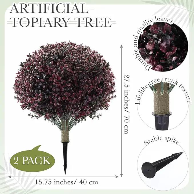 Yunlly 2 Pack 18" Artificial Boxwood Ball Bush Topiary Trees Fake Outdoor Plants, Realistic UV Resistance Faux Shrubs with Spike Greenery Topiary for Front Porch Garden Yard Patio Indoor (Dark Purple) by GreenHaven Gardens