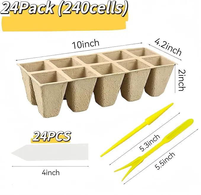 240 Cells Peat Pots Seed Starter Tray 24 Packs Biodegradable Seedling Pots Germination Trays Peat Pot for Seedling Organic Seed Starting Trays kit with 24 Labels 2 Transplant Tools by GreenHaven Gardens