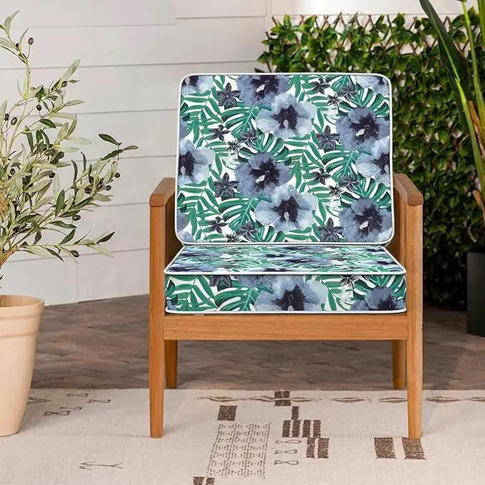 LVTXIII Patio Chair Cushions 22"x22"x3", Water-Repellent Outdoor Seat Cushions for Patio Furniture, Square Chair Pads with Ties for Home Garden Decoration, Set of 2, Blue Salmone Tropical by GreenHaven Gardens