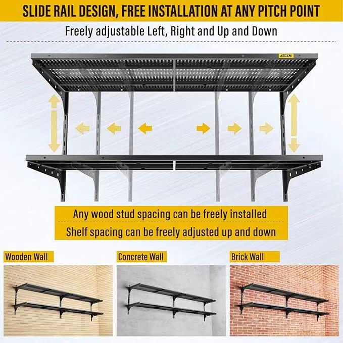 2-Pack 2 Tier 1.3x4ft Garage Shelving Wall Mounted, 800 lbs Load Capacity，15.6x48inch per Shelf Height Cassette Adjustable Floating Shelves(Black) by GreenHaven Gardens