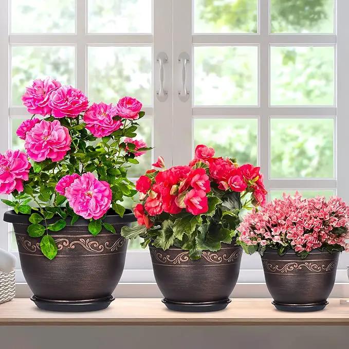 Plastic-Plant-Flower-Planters-10 Inch with Drainage Hole & Saucer, 3 Packs Lightweight Small Resin Flower Pot Indoor Outdoor, Retro Antique Imitation Decorative Garden Containers Sets for Houseplants by GreenHaven Gardens
