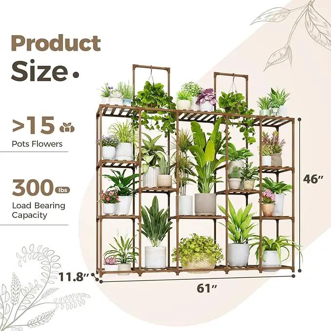 Bamworld Plant Shelf Large Plant Stand Indoor 62.2" Tall Outdoor Plant Holder Wood for Multiple Plants Hanging Plant Rack for Living Room Garden Balcony