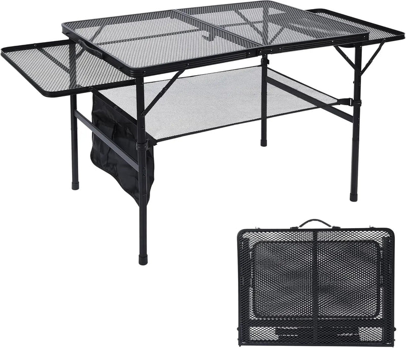 Folding Grill Table, 3x2 FT Portable Camping Table with 2 Wing Panels, Height Adjustable Metal Tables with Mesh Desktop and Mesh Bag, Outdoor Furniture for Camping, Picnic, Beach and BBQ, Black by GreenHaven Gardens