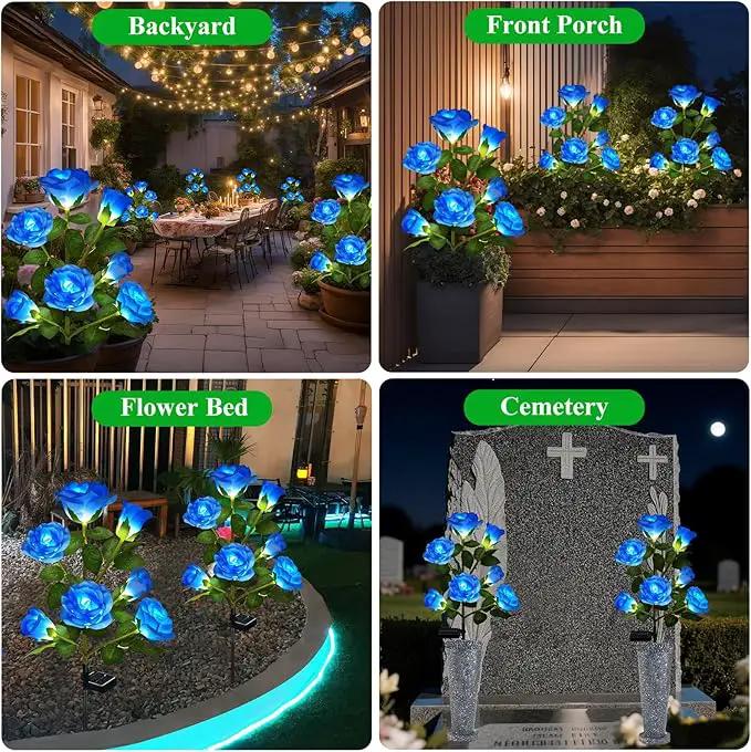 DWH 2 Pack Solar Garden Lights Outdoor, 7-Flower Rose LED Stake Light for Yard Patio Pathway Lawn Fence Cemetery, Blue by GreenHaven Gardens
