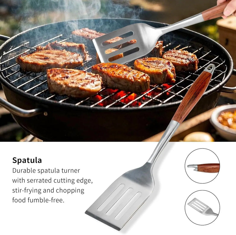 FJNATINH Heavy-Duty Grilling Accessories Rose Wooden BBQ Grilling Tools Set,Outdoor Grill Set with Spatula, Fork, Brush & Tongs,Essential Accessories for Barbecue & Grill. Ideal Gift for Men by GreenHaven Gardens