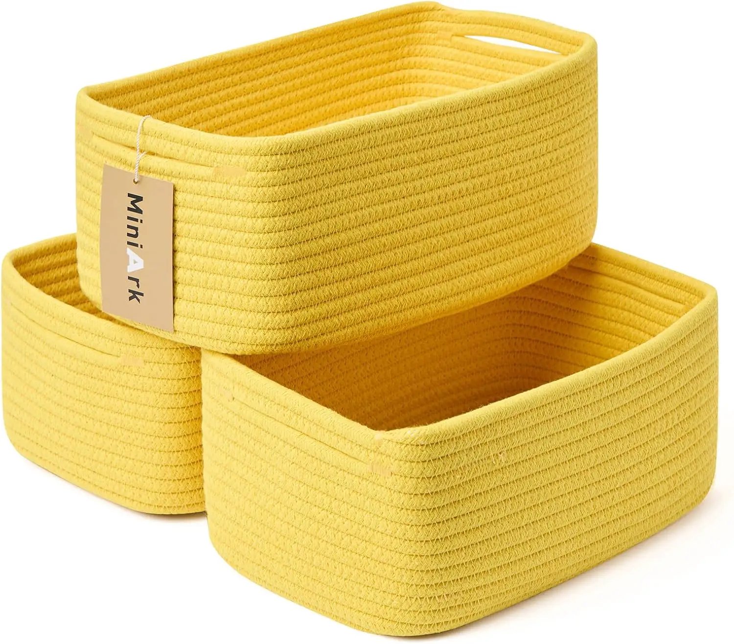 Small Storage Baskets for Organizing | Closet Organizer Bins | Shelf Toy Basket | Woven Rope Baskets | Cube Decorative Box | Shallow Basket | 13x8.5x5.1” | 3 Packs Yellow by GreenHaven Gardens