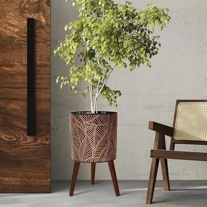 12inch Black Plant Pots for Indoor Plants Large Boho Flower Pot with Stand Modern Planters with Gold Floral Embossed Standing Planter with Drainage for Living Room, Office, Garden or Balcony by GreenHaven Gardens