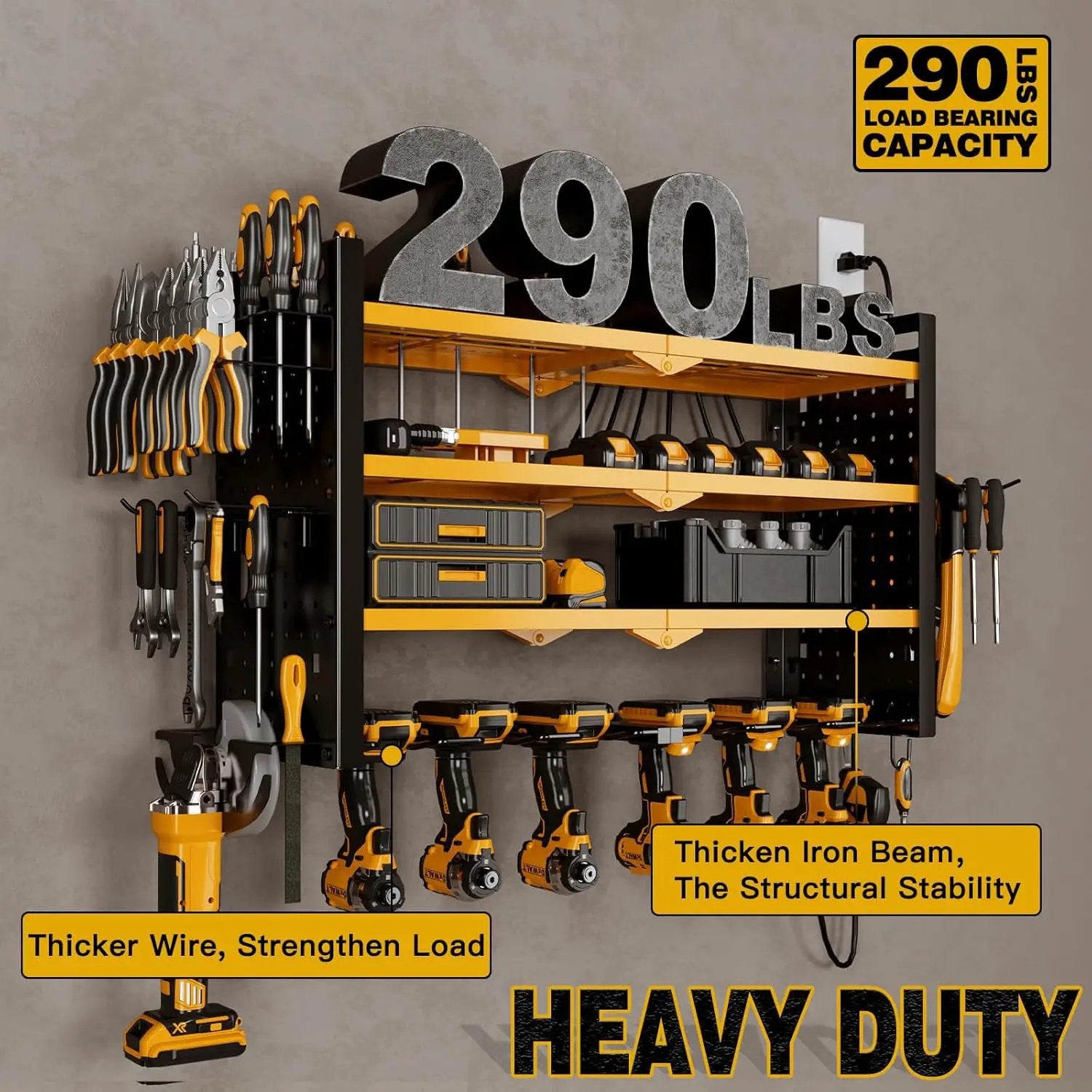 Power Tool Organizer Wall Mount with Charging Station 4 Layer 6 Slot Cordless Drill Holder with Angle Grinder Holder (Yellow) by GreenHaven Gardens