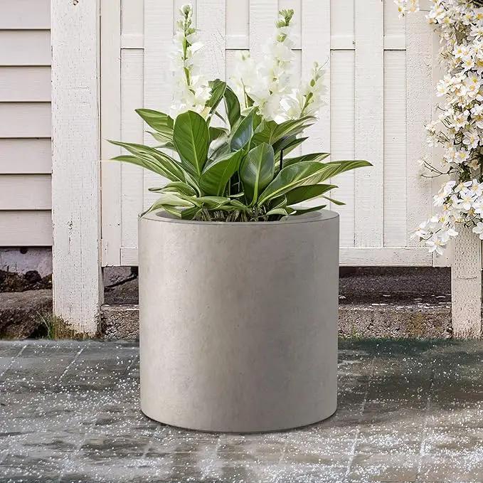 Kante 15.7" Dia Round Concrete Planter, Modern Style Large Cylindrical Plant Pot with Drainage Hole and Rubber Plug for Indoor Outdoor Patio, Weathered Concrete by GreenHaven Gardens