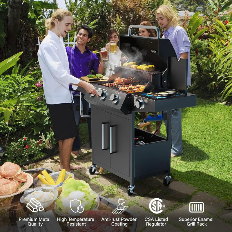 ROVSUN 3 Burner Propane Gas Grill with Side Burner, 46,000BTU BBQ Grills with Enameled Cast Iron Grates, Shelf & Cabinet for Outdoor Garden Patio Backyard Barbecue Cooking by GreenHaven Gardens