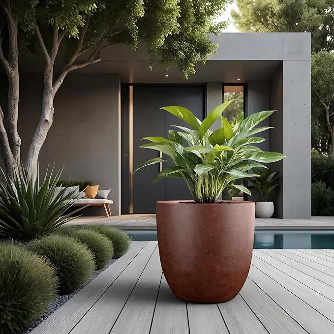 Kante 18 Inch Dia Round Concrete Planter, Indoor Outdoor Large Plant Pot with Drainage Hole and Rubber Plug for Home Patio Garden, Rusty by GreenHaven Gardens