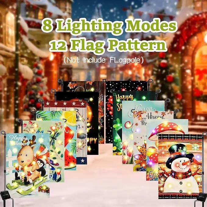 Solar Seasonal Garden Flags Set of 12, Lighted 12×18 Double-Sided Yard Flags for Outside Halloween Christmas Fall Thanksgiving Day Decorations Welcome Flag Outdoor Holiday Decor by GreenHaven Gardens