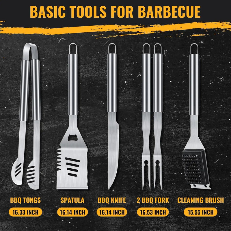 BBQ Grilling Accessories, 16-Inch Stainless Steel BBQ Grill Tools Set for Men, Heavy Duty Grilling Accessories Kit for Camping, Kitchen, Extra Thick Barbecue Utensil by GreenHaven Gardens