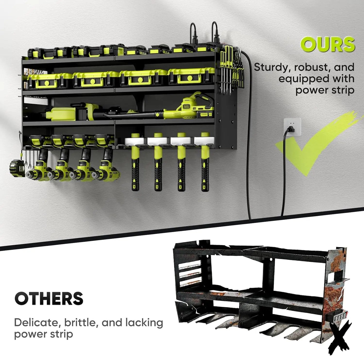 Large Power Tool Organizer Wall Mount with Charging Station,4 Layer Heavy Duty Metal Tool Storage Rack Loads 600lbs with 8 Cordless Drill Holder,Battery Utility Rack Loads with 4 Power Strip by GreenHaven Gardens