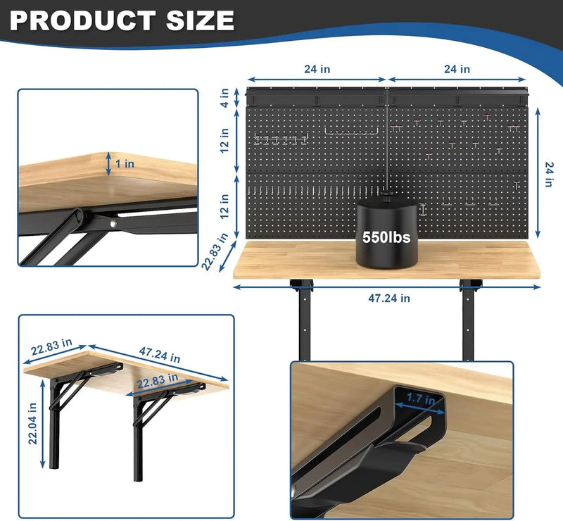 Ultrawall Wall Mounted Workbench with Pegboard, Folding Down Work Table Metal Pegboard Wall Organizer for Garage, Workshop, 48”X24” by GreenHaven Gardens