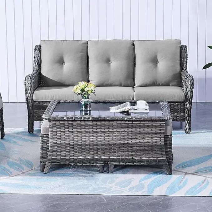 Wicker Outdoor Furniture Patio Furniture Set - 6 Piece Patio Conversation Set with Swivel Rocker Chairs, Rattan Sofa, Ottomans and Coffee Table, Gray Cushion by GreenHaven Gardens