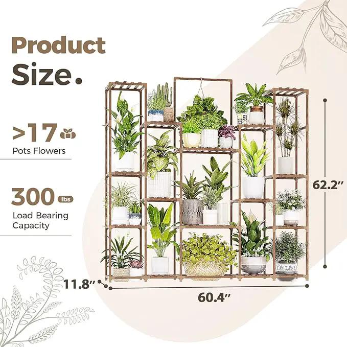Bamworld Large Plant Shelf Plant Stand Indoor Hanging Tall Outdoor Plant Holder Wood for Multiple Plants Plant Rack for Living Room Garden Balcony Flower 17 Pots Wide by GreenHaven Gardens