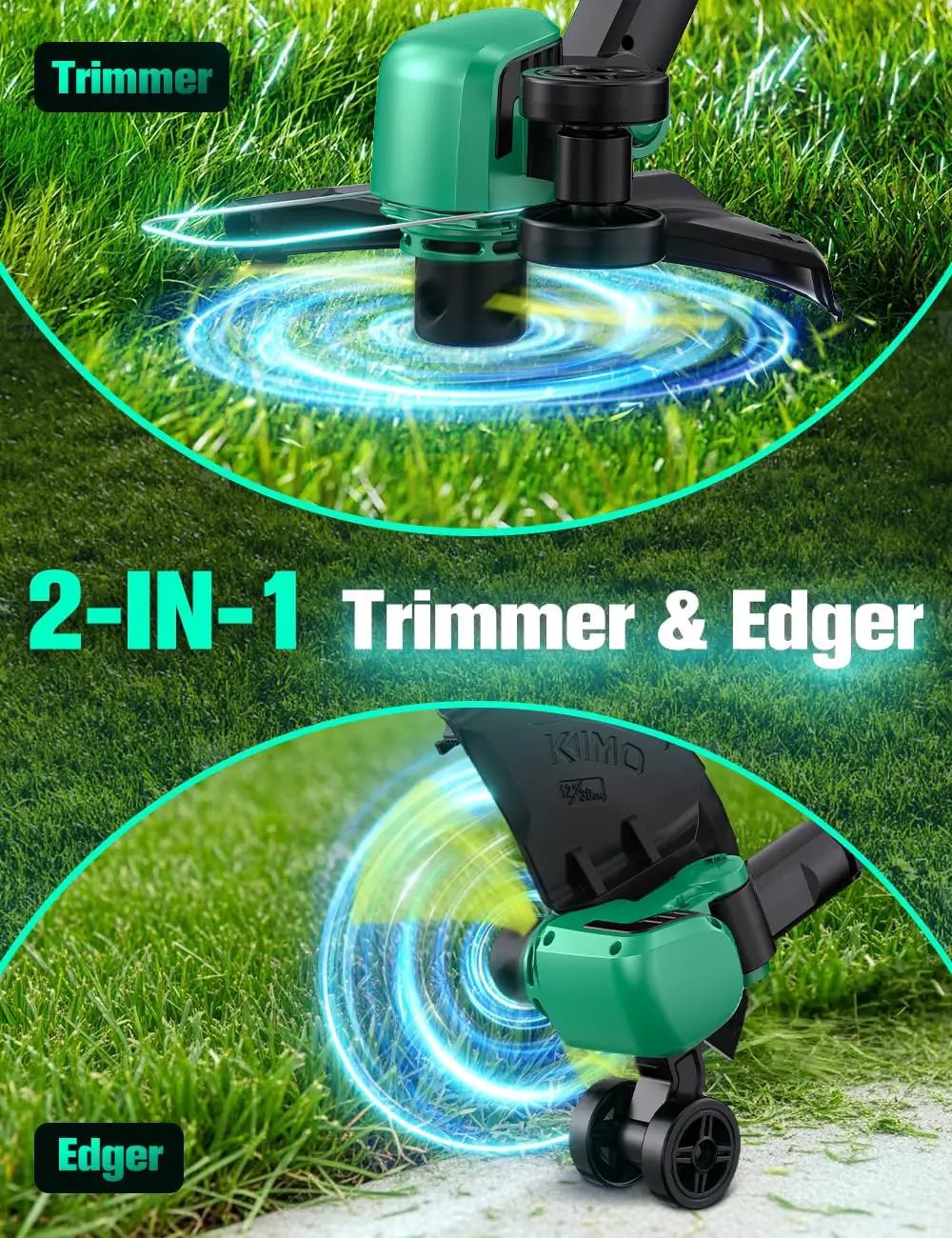KIMO 20V Weed Wacker and Blower Combo w/2 x 2.0Ah Battery & Charger, 12 Inch String Trimmer w/10Pcs Cutting Lines, 4-in-1 Leaf Blower Cordless w/Vacuum, 3 Nozzles & 20" Extended Tube for Yard, Garden by GreenHaven Gardens