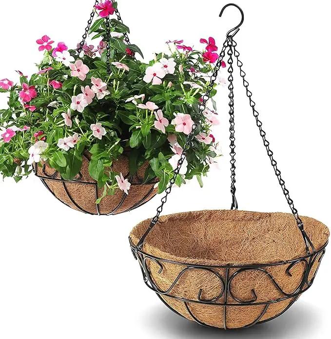 2 Pack Metal Hanging Planter Basket with Coco Coir Liner Chain Round for Garden Decoration Porch Indoor Outdoor (S Shape) by GreenHaven Gardens