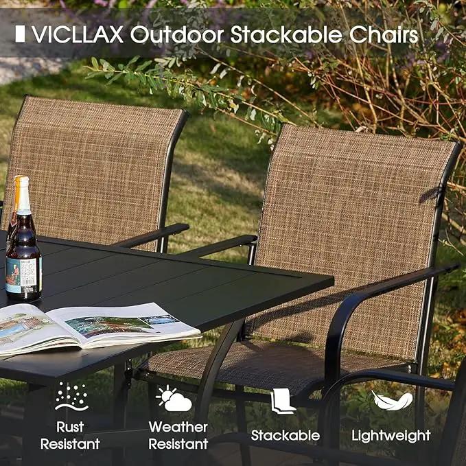 VICLLAX 5 Pieces Patio Dining Set for 4, Outdoor Furniture Set Includes 40.7" Round Patio Table and 4 Patio Stackable Chairs, Black Tabletop and Brown Fabric by GreenHaven Gardens