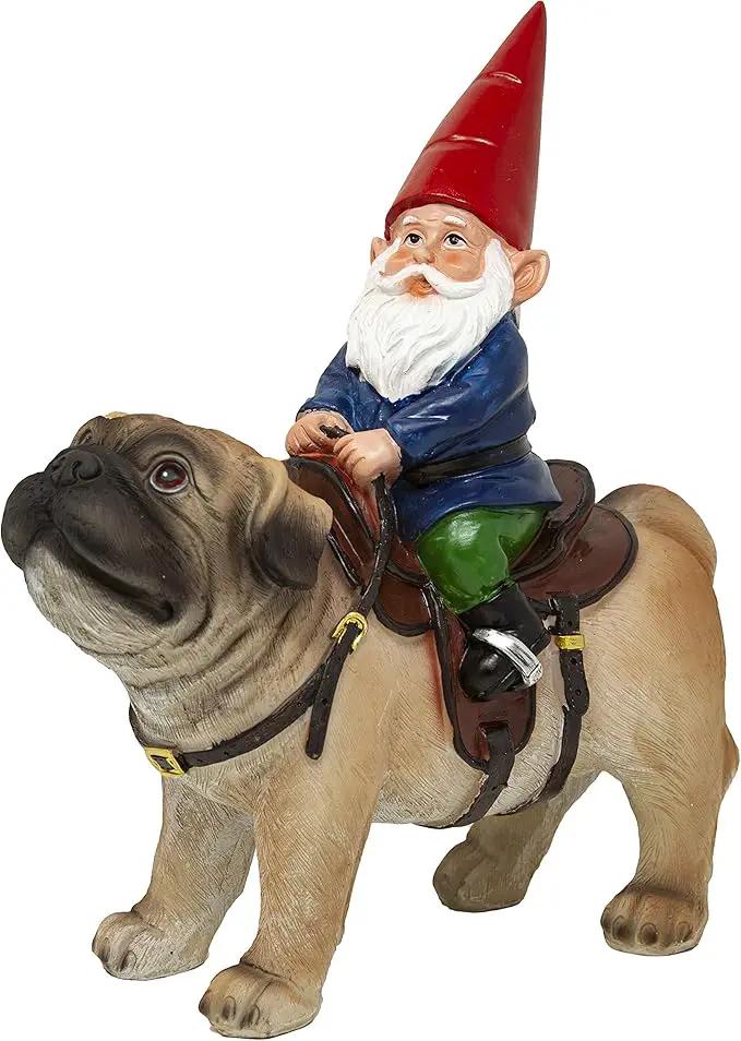 Funny Guy Mugs Garden Gnome Statue - Gnome Riding a Pug - Indoor/Outdoor Garden Gnome Sculpture for Patio, Yard or Lawn by GreenHaven Gardens