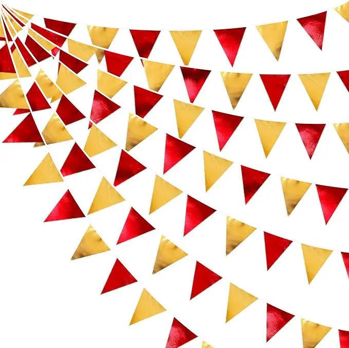 Red Gold Party Decorations Metallic Fabric Triangle Pennant Banner Flag Bunting Garland for Graduation Birthday Wedding Bachelorette Anniversary Baby Shower Christmas Holiday New Year Party Supplies by GreenHaven Gardens