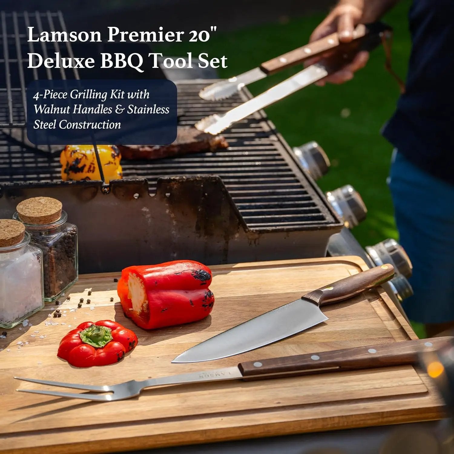 Lamson Premier 20" Walnut 4-Piece Deluxe BBQ Set by GreenHaven Gardens