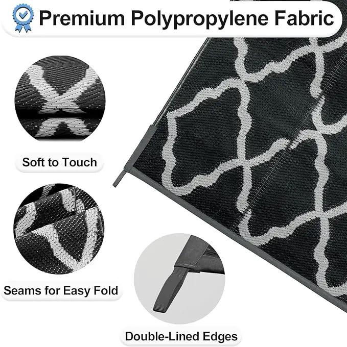 OutdoorLines Outdoor Plastic Area Rugs for Patio 4x6 ft - Reversible Outside Carpet, Stain & UV Resistant RV Mats, Straw Rug for Camping, Deck Garden, Porch and Balcony, Moroccan Black & Light Grey by GreenHaven Gardens