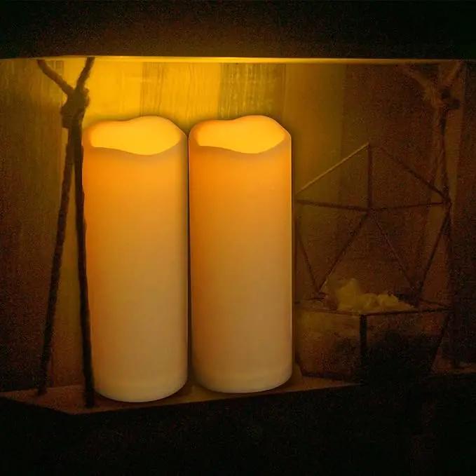 Waterproof Outdoor Battery Operated Flameless Pillar Candles with Timer White Plastic Realistic Flickering Fake Electric LED Lights for Lantern Garden Wedding Christmas Decorations 3”x8” 2 Pack by GreenHaven Gardens