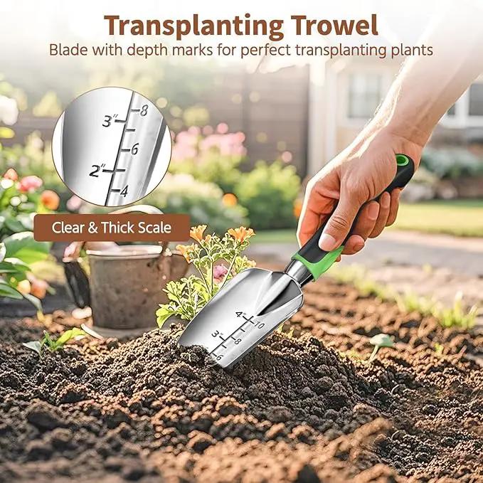 LASZOLA 3 Piece Garden Tool Set Include Hand Trowel Rake and Transplant Shovel for Women, Indoor Heavy Duty Small Spade Kit with Ergonomic Handle to Weed and Loosen, for Mom and Plant Beginner, Green by GreenHaven Gardens