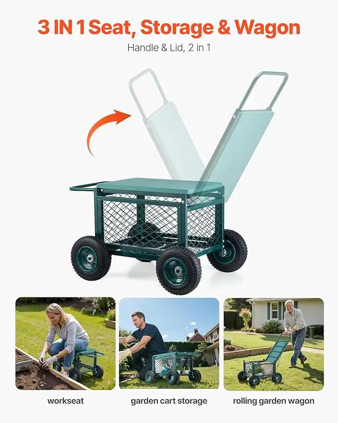 VEVOR Rolling Garden Cart with Seat, Metal Rolling Garden Work Seat with Wheels, Supports up to 400 LBS, Heavy Duty Gardening Cart Scooter, Outdoor Wagon & Stool on Wheels for Lawn, Patio, Backyard by GreenHaven Gardens