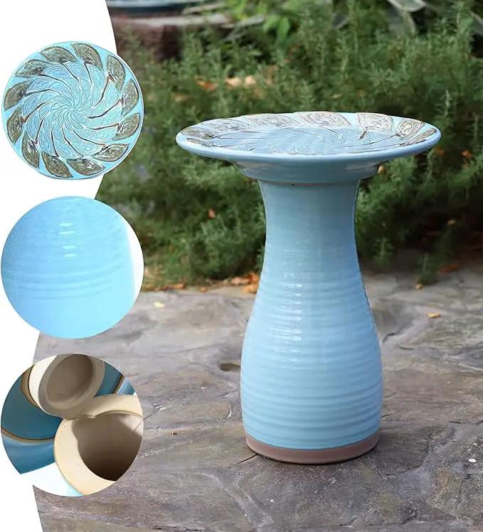 LuxenHome 20 Inch Ceramic Bird Bath for Outside, Elegant Tall Outdoor Bird Bath, Lightweight Pedestal Glazed Birdbaths for Outdoors with Leaf Pattern, Sky Blue by GreenHaven Gardens