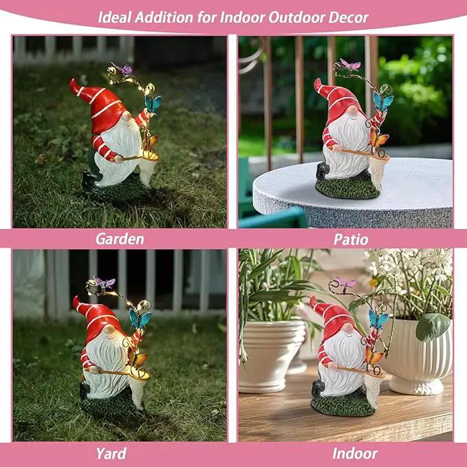 Garden Gnome Statue, Solar Funny Gnomes Figurine Catching Butterflies with LED Lights Waterproof Resin Outdoor Decor for Patio Lawn Yard Home Tabletop Decoration by GreenHaven Gardens