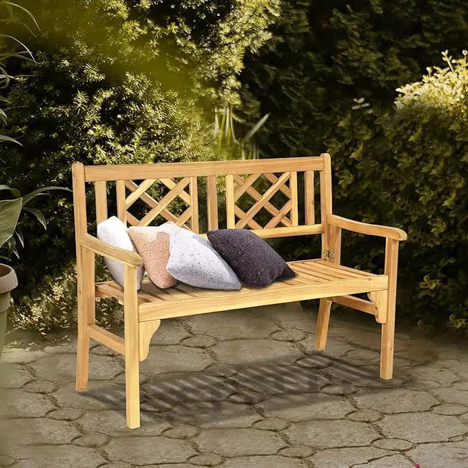 Tangkula Folding Outdoor Wood Garden Bench, Foldable Acacia Wood Patio Bench with Wide Curved Armrest & Backrest, Outside 2-Person Loveseat Chair for Entryway, Yard, Deck, Balcony & Park by GreenHaven Gardens