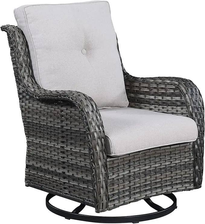 Outdoor Patio Swivel Rocker Chairs - Single Wicker Rattan Patio Swivel Rocking Chair with High Back,Deep Seating and Comfort Cushions for Deck Porch Garden,Mixed Grey/Beige by GreenHaven Gardens