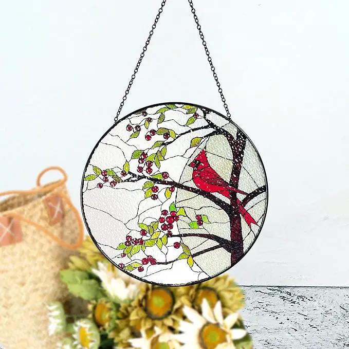 Stained Glass Window Hanging Sun Catcher 7.8”- Cardinal in Full Moon Stained Glass Suncatcher, Red Berry Tree, Nature, Indoor Decor, Wall Art, Gifts for Women by GreenHaven Gardens