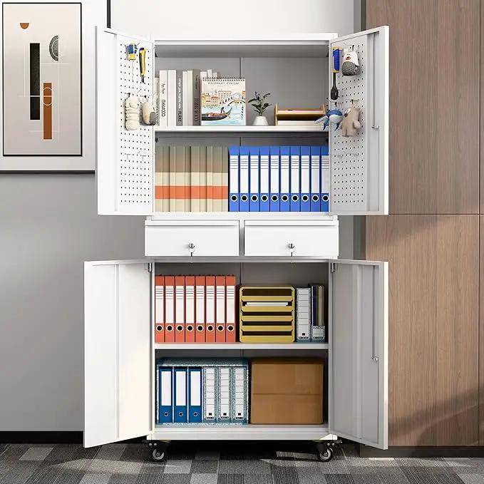 Metal Garage Storage Cabinet with Locking Doors and 2 Adjustable Shelves, Rolling Tool Storage Cabinet with 4 Wheels and 2 Drawer for Garage, Warehouse, White, Assembly Required by GreenHaven Gardens