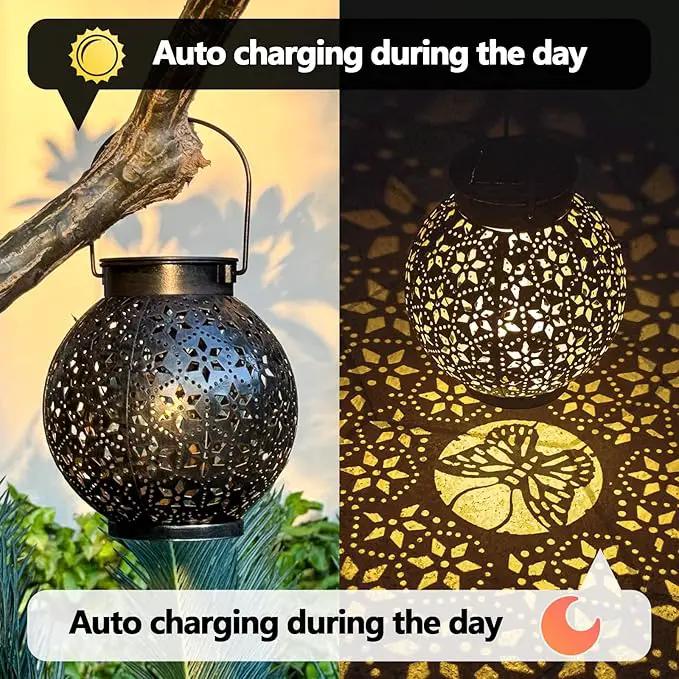 2 Pack Outdoor Solar Lantern Lights, Waterproof Tabletop LED Moroccan Lanterns, Hanging Metal Decorative Garden Lights for Patio, Lawn, Porch, Backyard by GreenHaven Gardens