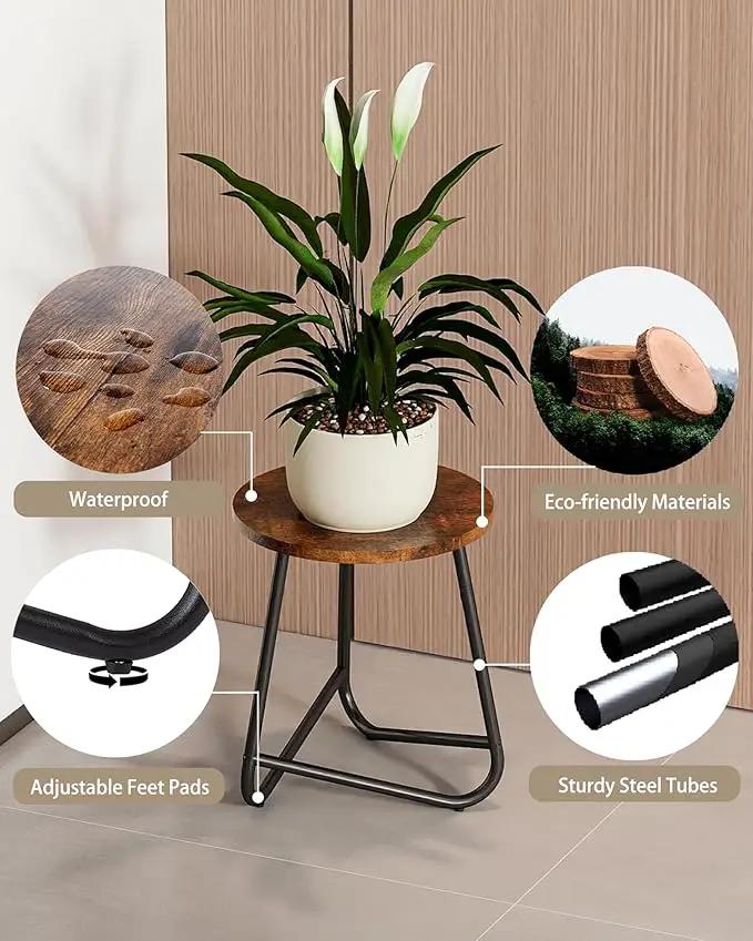 Indoor Plant Stand,Mid Century Wood Stand Plant Table,Modern Plant Stool for Outdoor,Metal Tall Holder for Flower Pots,Small Round Side End Table (Rustic Brown, 15 inch) by GreenHaven Gardens