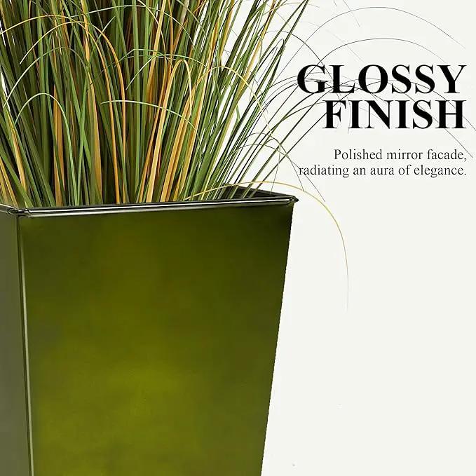 WORTH Garden 25" Large Metal Glazed Planter Set of 2, Luxurious Glossy Finish Green Tall Square Tapered Steel Plant Pots, Decor Flower Pot Indoor & Outdoor, Drainage Hole & Dual-Purpose Plant Saucer by GreenHaven Gardens