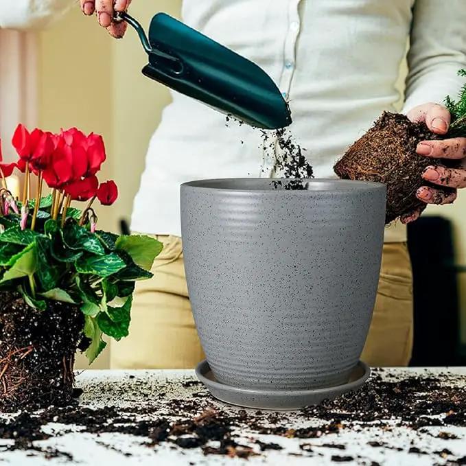 10 Inch Plant Pot, Ceramic Planters for Indoor Plants with Drainage and Saucer, Large Flower Pot for Home and Garden Decor, Light Gray by GreenHaven Gardens