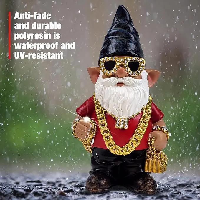 Better Office Products Garden Gnome Statue, 12" Height, Handcrafted Waterproof, UV-Resistant Polyresin Lawn Patio Porch Ornament Decoration (Bling Rapper with Solar Light) by GreenHaven Gardens