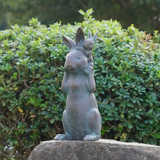 Rabbit Garden Statues Bunny Decorations - Easter Bunny Father with Baby Figurine Easter Gift Dark Gray Garden Spring Bunny Sulpture for Yard Framhouse Outdoor Décor 7*5.25*15.25 in Newman House Studio by GreenHaven Gardens