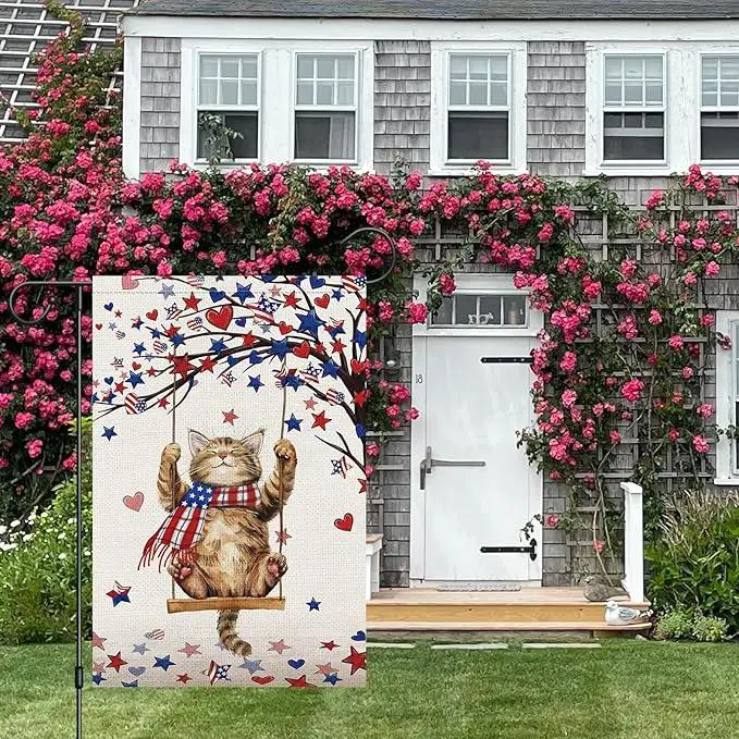 Heyfibro 4th Of July Patriotic Cute Cat Garden Flag 12x18 Double Sided Burlap, Heart Star Tree Pattern USA Flags Retro Yard Banner for Rustic Independence Day Outdoor Decor (ONLY FLAG) by GreenHaven Gardens