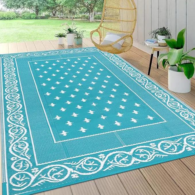 Pauwer Waterproof Outdoor Rug 9x12, Reversible Plastic Straw Patio Camping Rug, Indoor Outdoor RV Mat Carpet for Deck, Camper, Porch, Balcony, Backyard, Picnic, Bordered Teal by GreenHaven Gardens