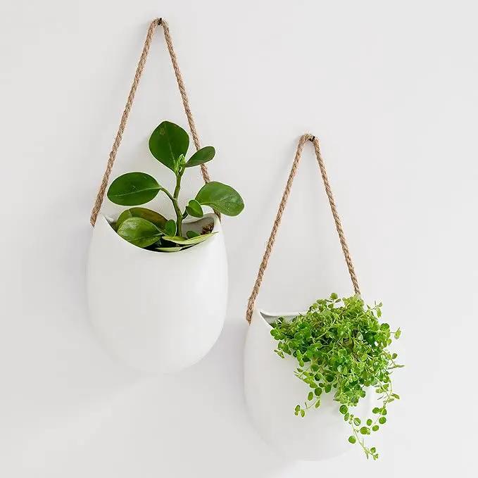 Wall Planters -Ellie- | Hanging Ceramic Plant Pots 2 Pieces | Wall Decoration for Indoors, Balcony and Garden | White (Matte) by GreenHaven Gardens