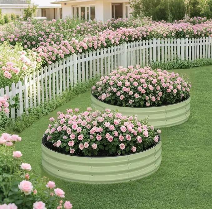 Raised Garden Bed Kit, 4x4x1 ft Round Galvanized Planter Box Outdoor with Safety Edging, Large Metal Raised Beds for Gardening Vegetables Flower Fruits (Avocado Green) by GreenHaven Gardens