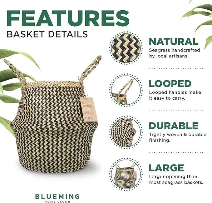 Plant Baskets – Large Seagrass Pot for Tall Indoor Faux Olive Tree, Woven Wicker Rattan Planter for Boho Basket 9-10 Inch (Black, Large) by GreenHaven Gardens