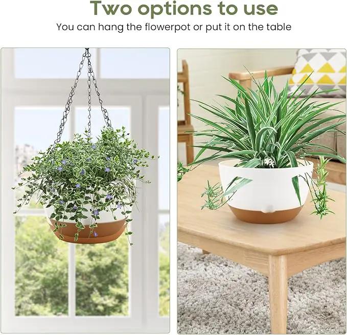 8.3 Inch Hanging Planter, 3 Pack Hanging Plastic Plant Self Watering Pot with Drainage Holes and Saucers, Hanging Baskets Flower Pots for Indoor Outdoor Garden Plants and Flowers-White by GreenHaven Gardens