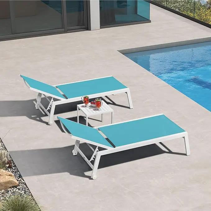 PURPLE LEAF Lounge Chair Outdoor Set of 4 White Aluminum Lounge Chairs with Wheels and Table Outdoor Chaise Lounge for Patio Pool Yard, Turquoise by GreenHaven Gardens
